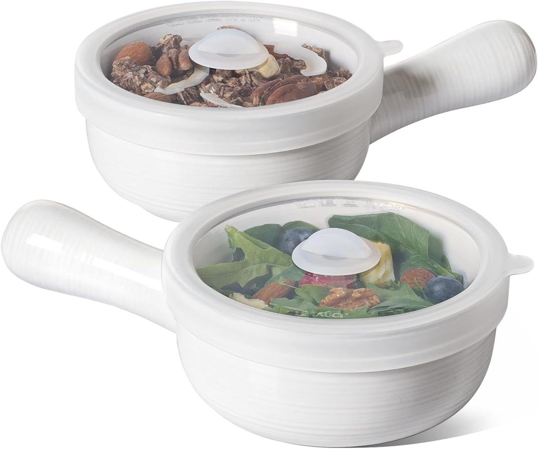 LE TAUCI Soup Bowls with Handles and Silicone Lids, 15 Oz French Onion Soup Bowls, Non-Toxic Ceramic Soup Crocks for Noodles, Stew, Cereal and Chilli, Oven Microwave Dishwasher Safe, Set of 2, White