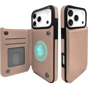 TopPerfekt Wallet Case for iPhone17ProMax 6.9",Compatible with MagSafe, Military-Grade Drop Protection,Flip Leather Built,Kickstand Magnetic Double Magnetic Clasp Shockproof Wireless Charging-RoseGold