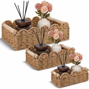 3 Pcs Toilet Paper Storage Basket 3 Size Paper Rope Scalloped Baskets for Bathroom Organizing Living Rooms and Bedroom Countertops