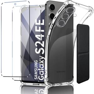 for Samsung Galaxy S24 FE Case, Shockproof TPU Clear Cover with 2 Pack Tempered Glass Screen Protectors & Leather Kickstand (3M Adhesive Mount) for Stand/Horizontal Viewing, Clear
