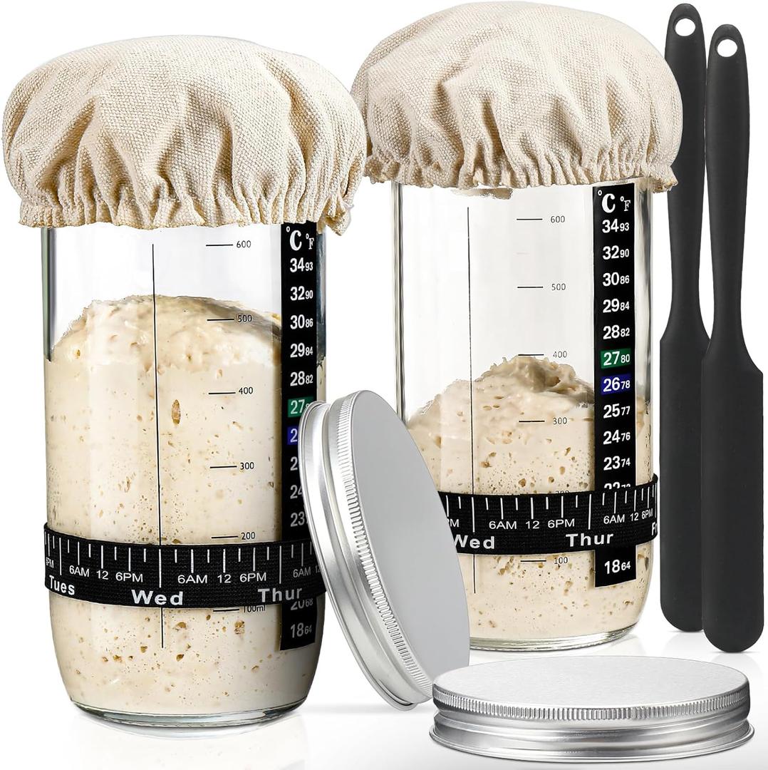 DWTS DANWEITESI Sourdough Starter Jar with Date Marked Feeding Band, Thermometer, Sourdough Fermentation Jar Scraper, Sewn Cloth Cover & Aluminum Lid, Sourdough Starter Kit Reusable(2pcs/24oz)