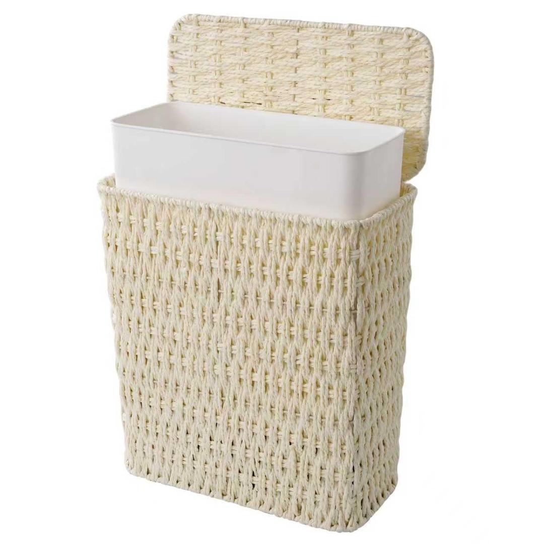 Coeusy 3 Gallon Paper Rope Bathroom Trash Can,Small Wicker Trash Cans with Lid and Liner,Woven Rattan Narrow Waste Basket for Bedroom,Office,White