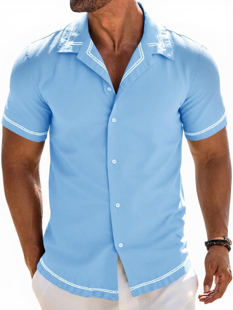 Runcati Mens Short Sleeve Shirt Button Down Casual Cuban Linen Shirts Summer Beach Vacation Tops Sky Blue (Blue, XXL)