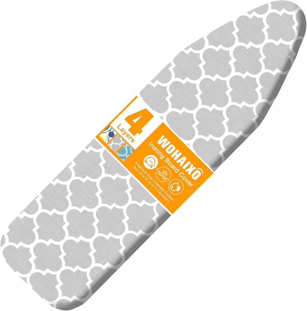 Ironing Board Cover and Pad, Standard Size 15" x 54" Iron Board Replacement Cover, 4 Layers Extra Thick Iron Board Cover Resist Scorching and Staining with Elastic Edge and 2 Fastener Straps (Gray)
