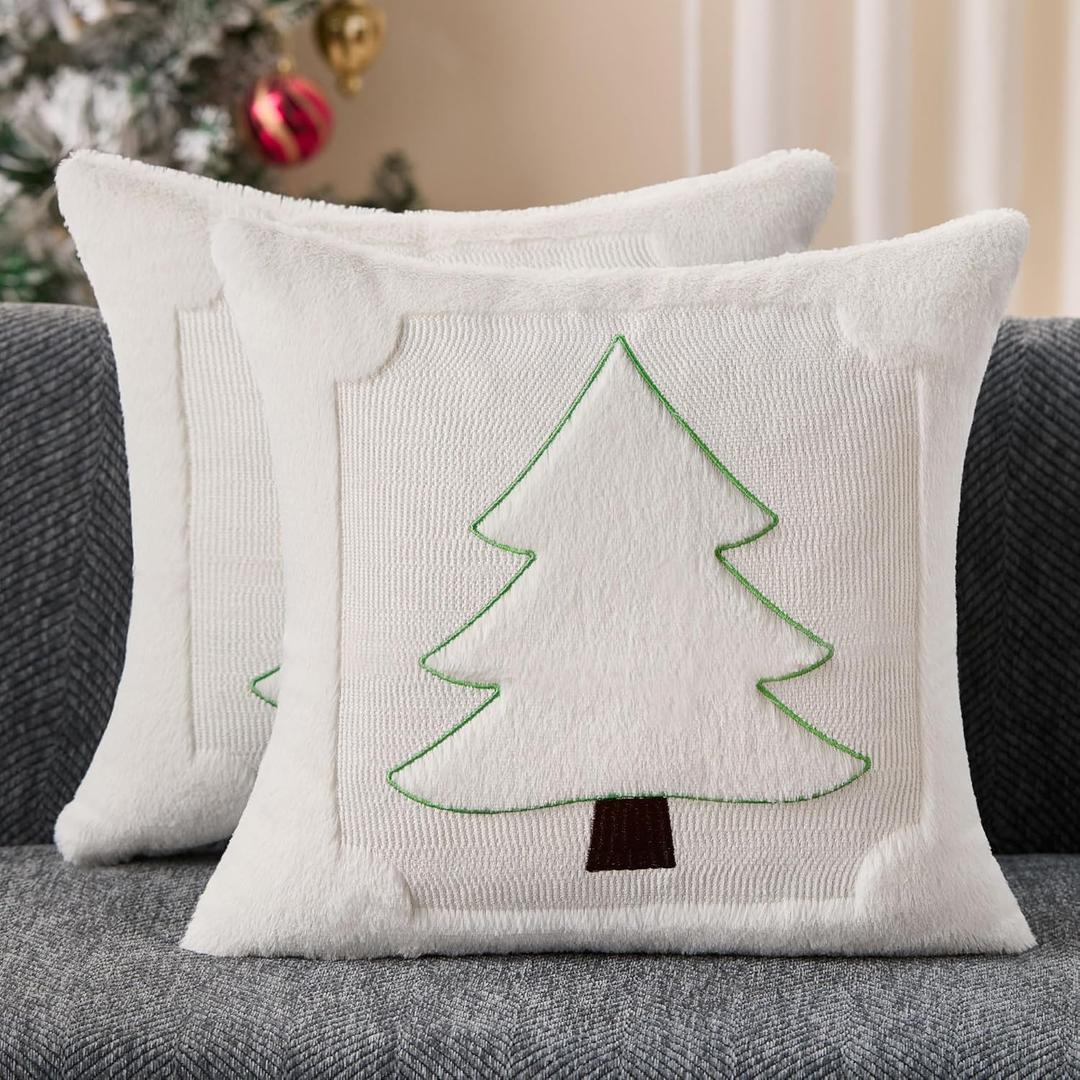 DFXSZ Christmas Pillow Covers 18x18 Green Line Creamwhite Christmas Tree Decoration Soft Plush Faux Fur Jacquard Throw Pillows for Bedroom Sofa Holiday Festivals Winter Home Decor PTK064E18
