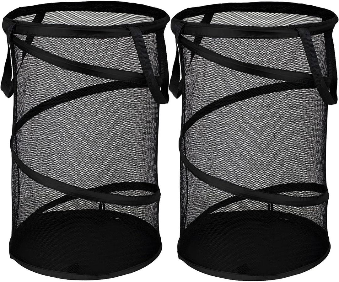 BATTOO 2 Pack Large Collapsible Laundry Basket Foldable Mesh Pop Up Hamper with Handles for Laundry Room, Bathroom, Kids Room, College Dorm, Travel, Storage Organizer Black