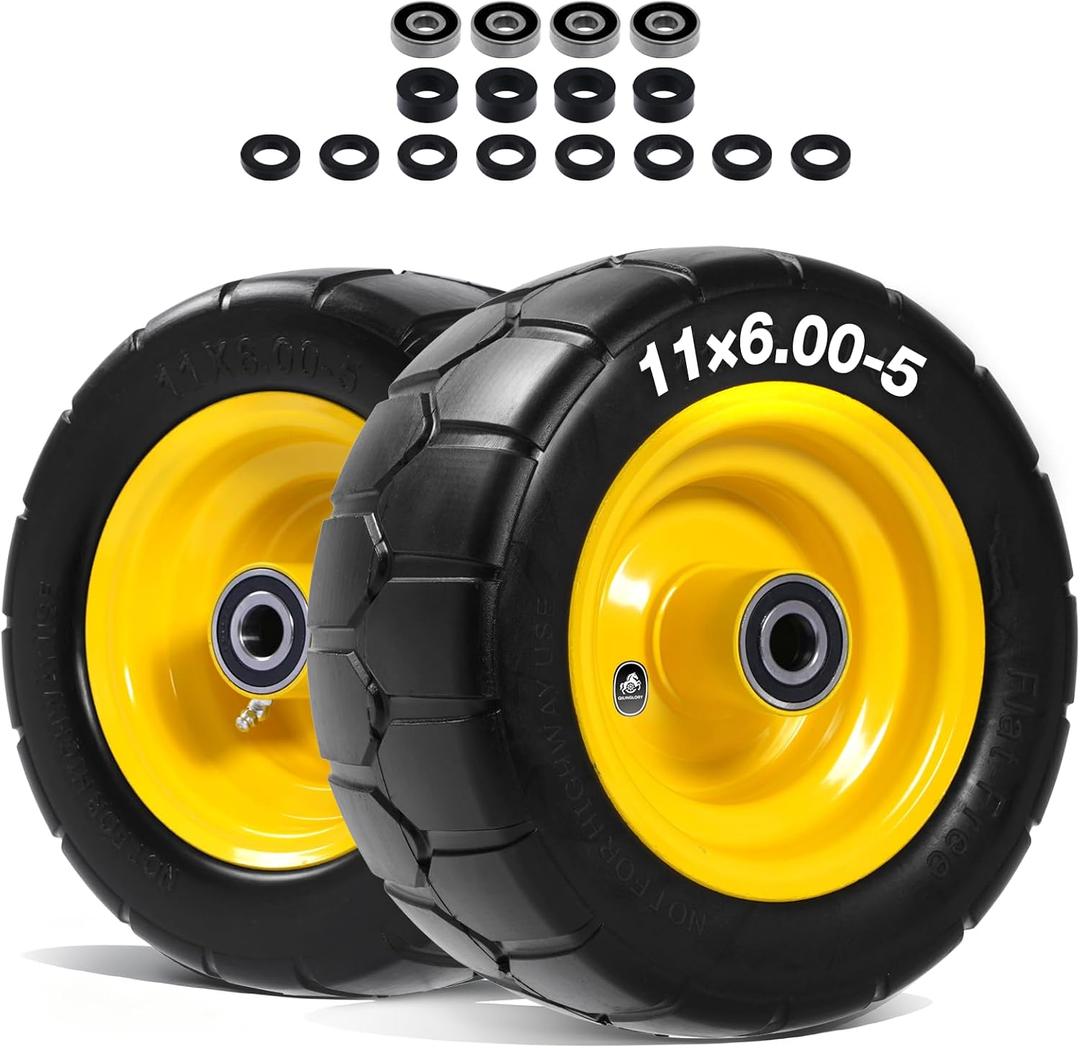 11x6.00-5 Flat Free Lawn Mower Tire and Wheel with 3/4" bearing bore, with 5/8 Bearings & Spacers, Y-Pattern Tread, Fits Zero Turn Mower and Garden Tractor, 450 lbs Capacity, 2-Pack