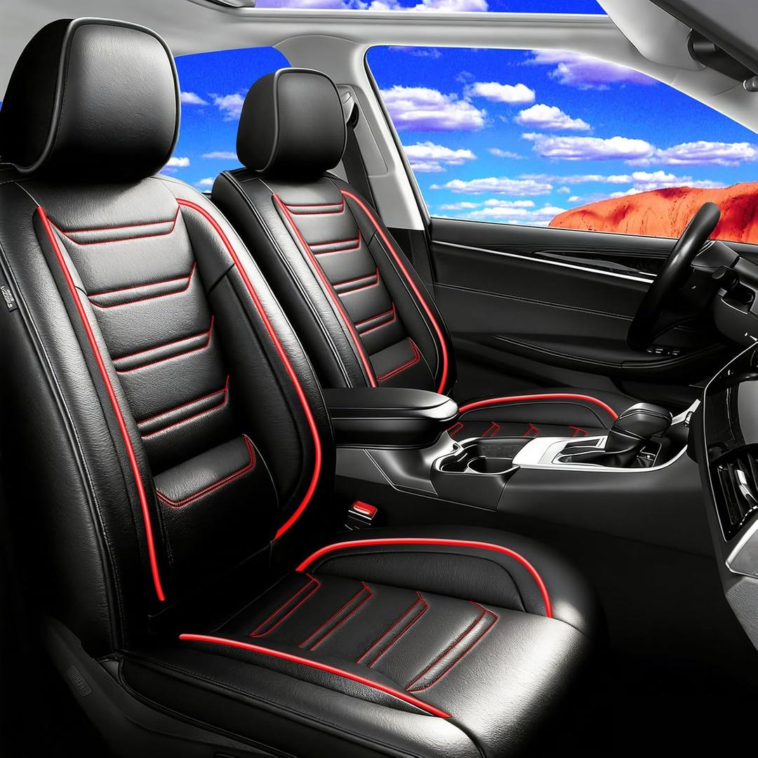 Fit RAV4 Car Seat Covers for Select Toyota RAV 4 2013-2026 /RAV4 Hybrid - Premium Full Coverage Leather, Waterproof & All Weather Seat Cushion Protector, Full Set, Black with Red Trim