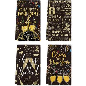 Artoid Mode Balloon Champagne Happy New Year Kitchen Towels Dish Towels, 18x26 Inch Farmhouse Fireworks Snowflake Decoration Hand Towels Set of 4