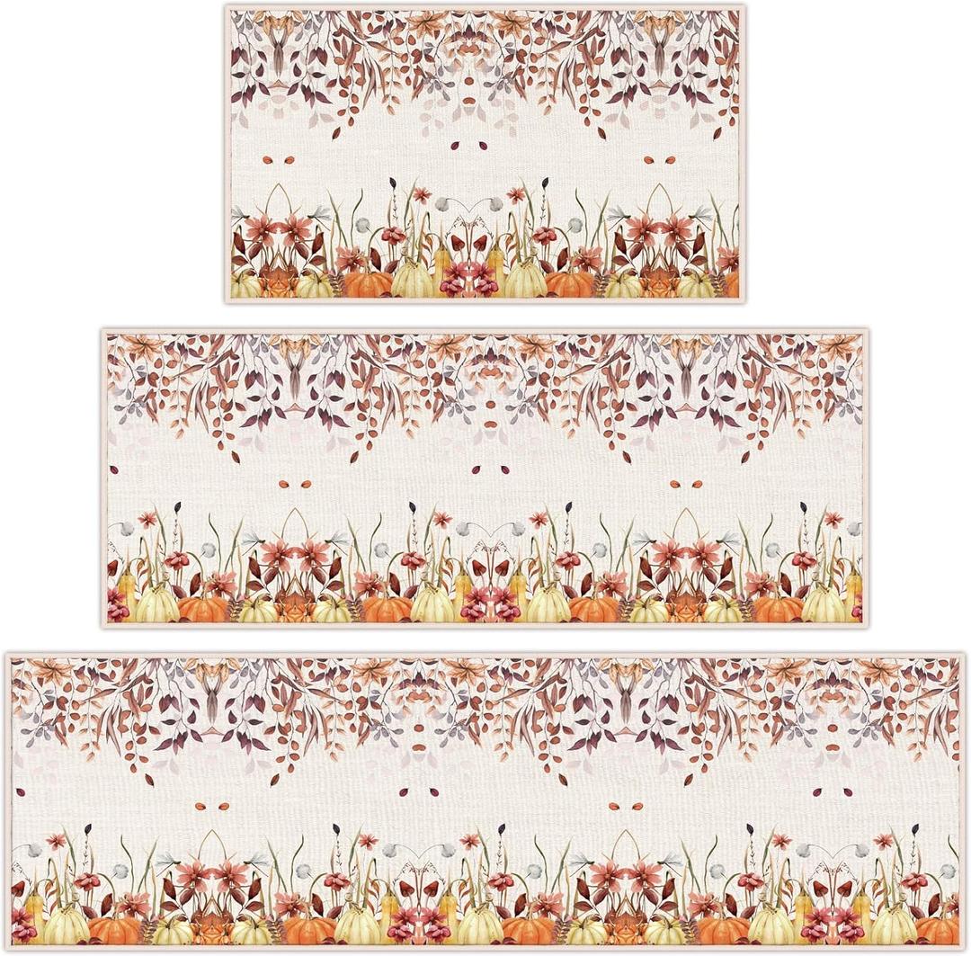 Tinideya Fall Kitchen Rugs Set of 3 Pumpkin Patch Autumn Maple Leaves Kitchen Mats Decor Thanksgiving Farmhouse Floor Door Mat Rug Home Decorations