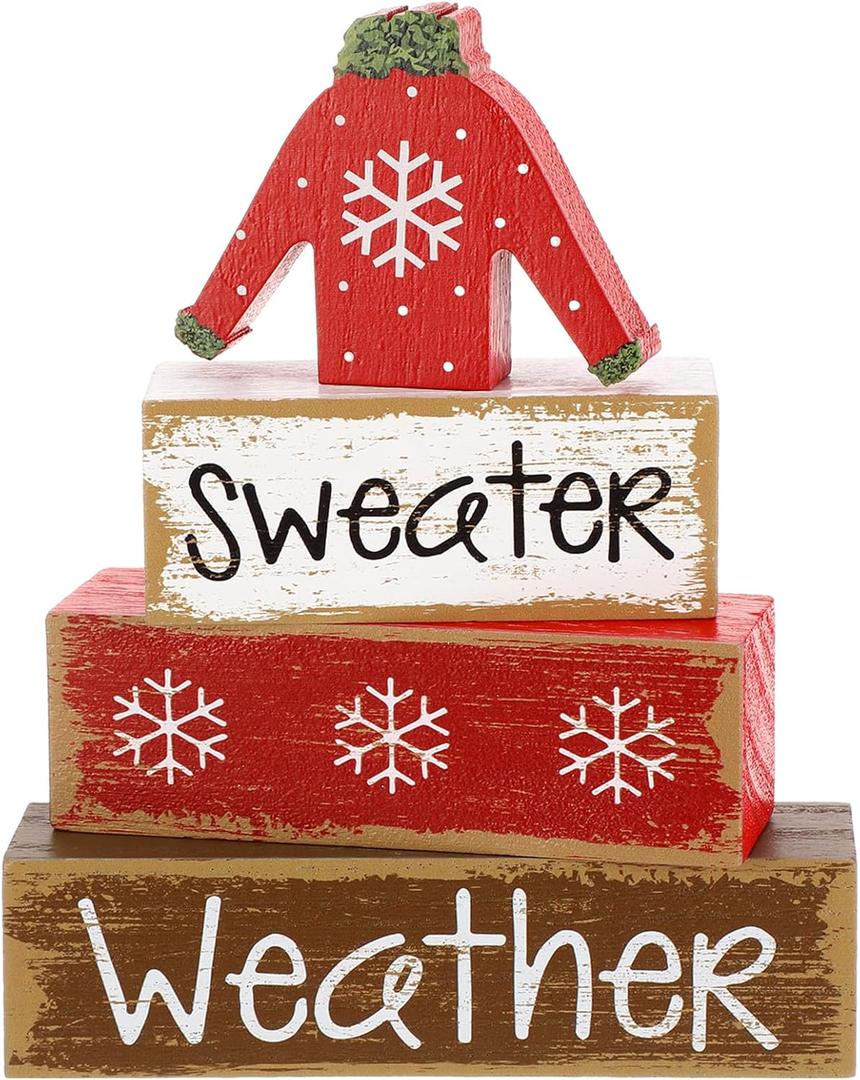 Chunful 4 Pcs Christmas Table Decor Wooden Ugly Sweater Decoration Christmas Tiered Tray Decor Decorative Sweater Table Centerpiece Rustic Farmhouse Xmas Block Signs Gift for Home Kitchen Office