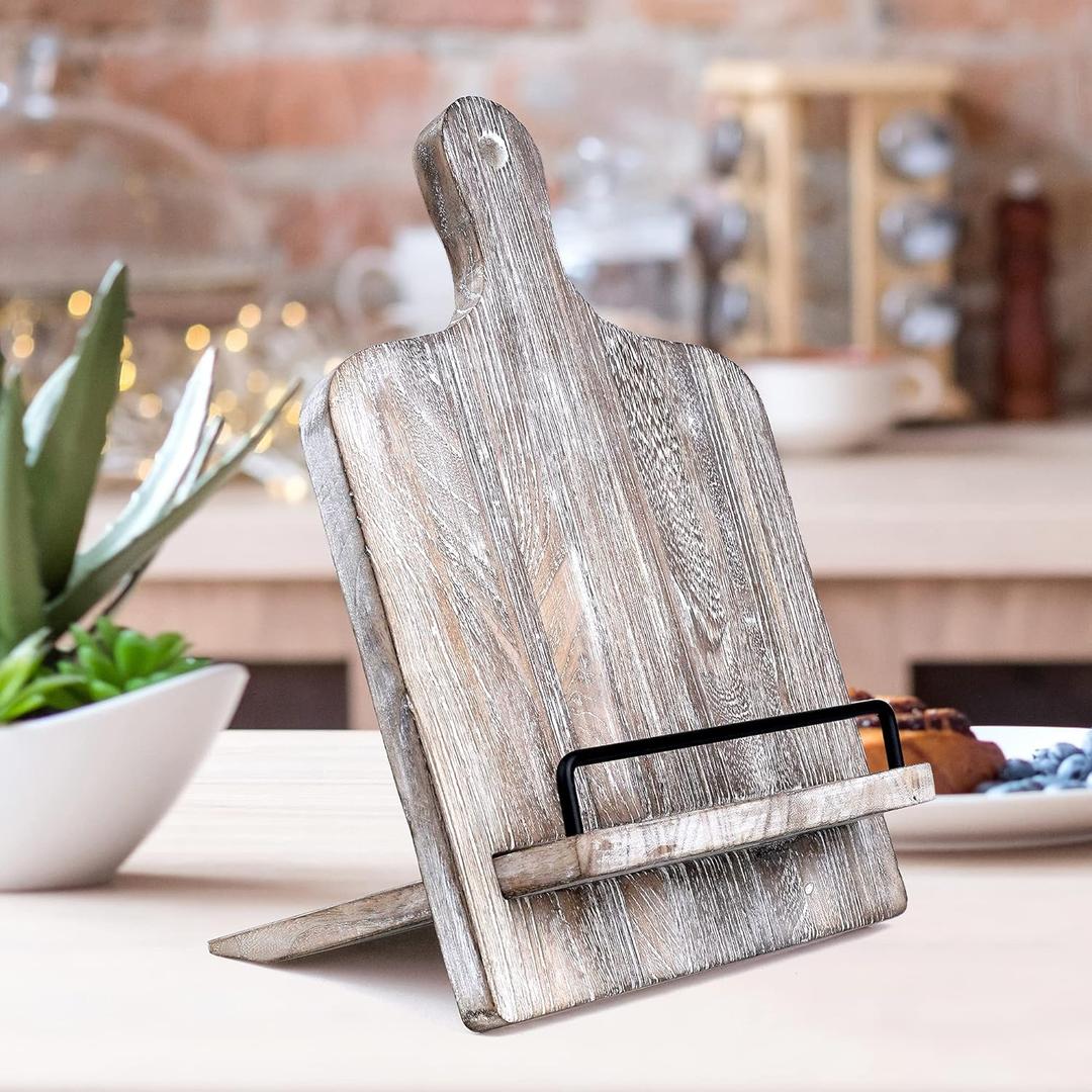 Cookbook Stand Recipe Book Holder: Recipe Book Holder for Counter - for Kitchen, Dining Room, Bedroom - Vintage Cutting Board Style Cookbook Stand (Rustic Grey)