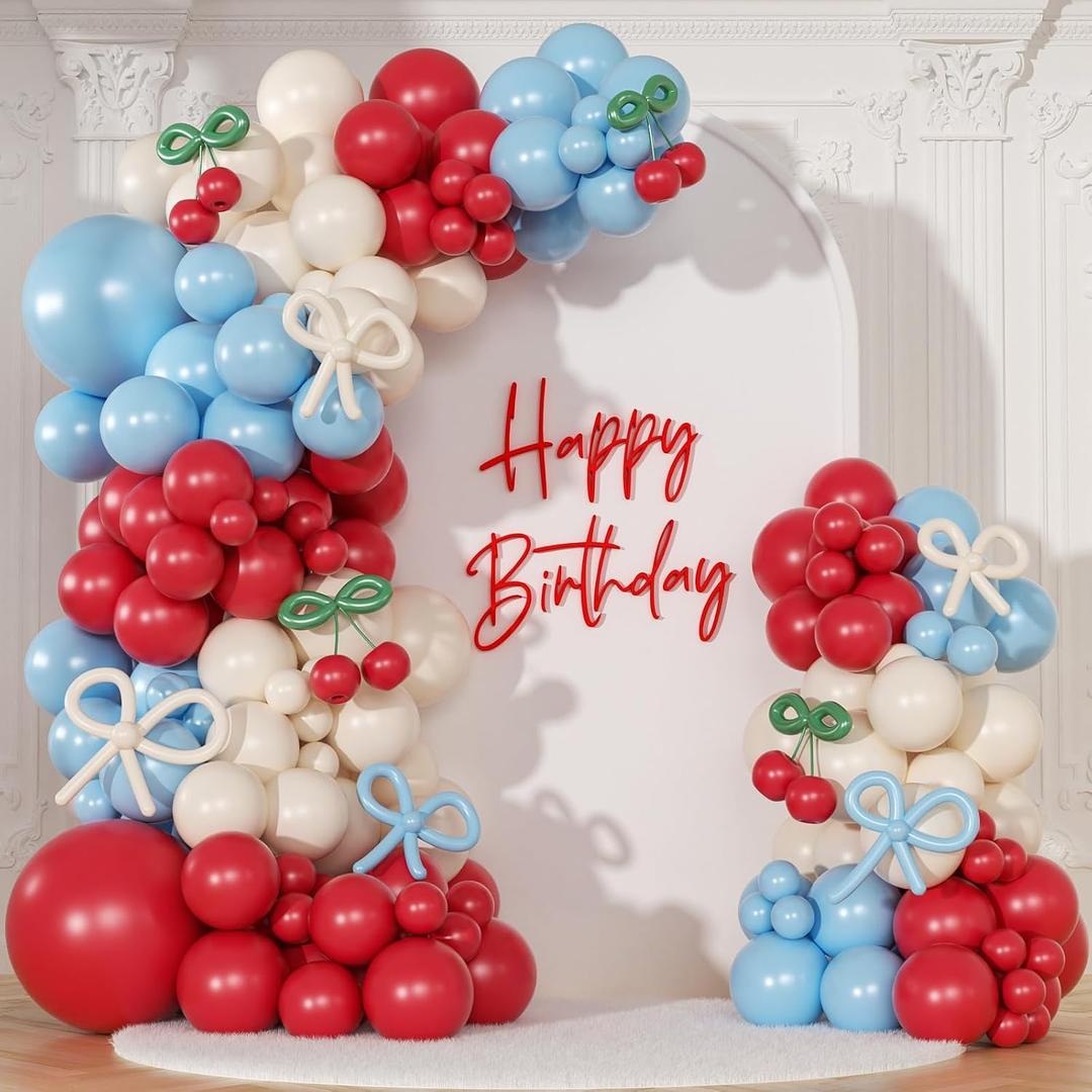CROSSFINGERS Cherry Red and Blue Balloon Garland Arch Kit,150pcs Bow Light Mist Blue Red White Balloons Arch Kit for Cherry Birthday Baby Shower Wedding Galentine's Bridal Shower Party Decorations