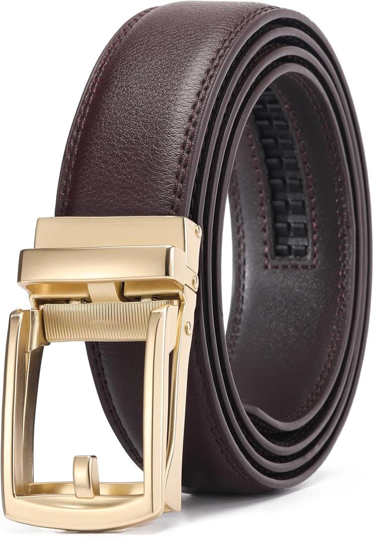 GAEKEAO Ratchet Belt for Men Genuine Leather 1 3/8" - Micro-Adjust Buckle Trim to Fit Dress Belt Casual to Formal Gift Boxed (Basic Gold - Brown)