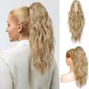 Flufymooz Ponytail Extension, 18Inch Claw Clip Ponytail Extension, Wavy Curly Claw Clip in Ponytail Hair Extensions, Natural Fake Ponytail Synthetic Hairpiece for Women (Golden Blonde with Highlight)