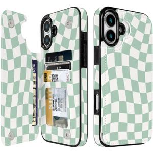 Compatible with iPhone 16 Plus Case Wallet with Card Holder, Flip PU Leather Built-in Card Slots, Kickstand and Shockproof Case for iPhone 16 Plus 6.7 inch Women Men (Green Checkerboard)