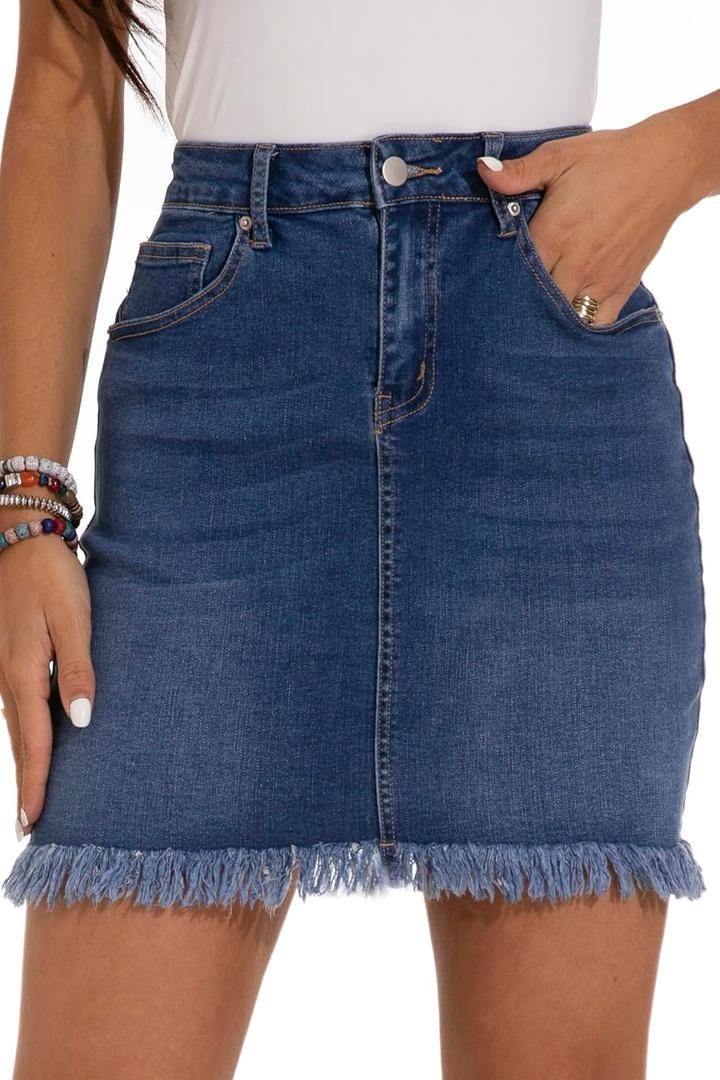 GUANYY Womens Denim Skirt Raw Hem Bodycon Stretch Casual High Waisted Jean Mini Skirt (Blue, L)