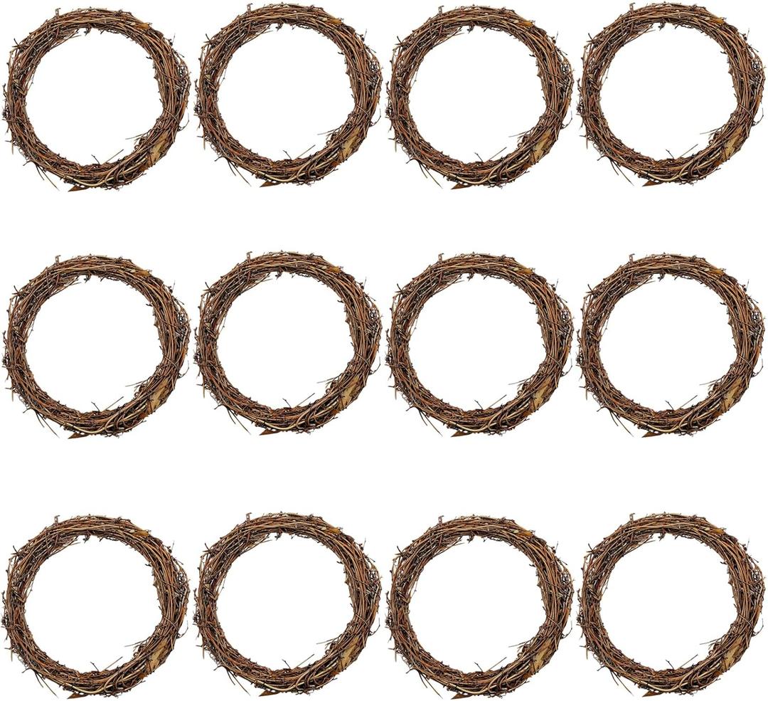 12PCS Small Round Grapevine Wreath 4Inch Rattan Wreaths for Easter Spring Candle Christmas Crafts Holiday Decoration Wedding Home Decor