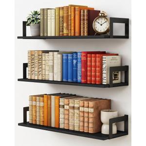 Harwaya 24 Inch Floating Shelves for Wall Set of 3, Wall Mounted Bookshelf, 8 Inches Deep Hanging Book Shelves for Living Room Bedroom Office Decor Closet Storage (Black)