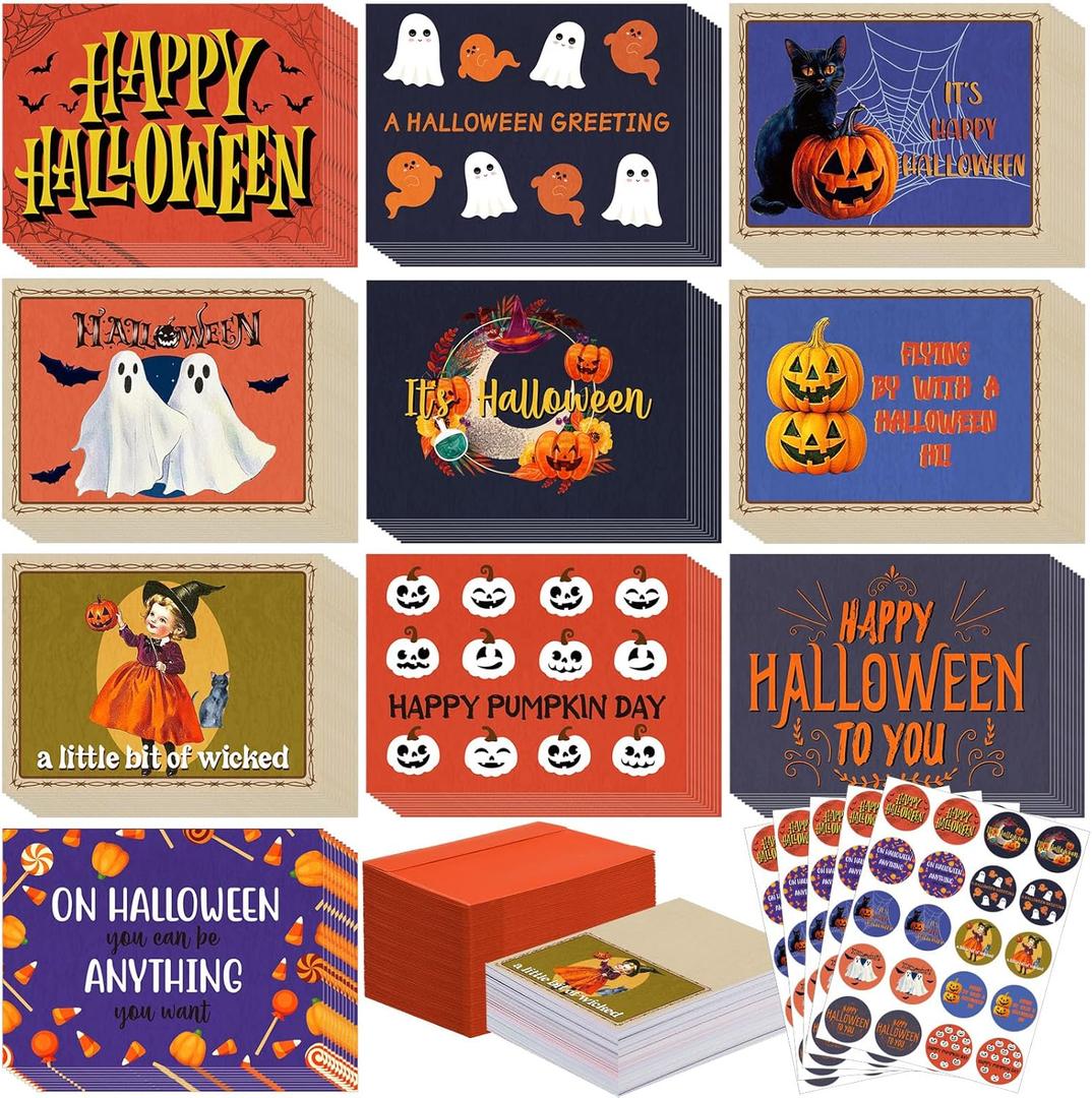 Yeaqee 100 Pack Halloween Greeting Cards with Envelopes and Stickers Vintage Ghost Black Cat Spooky Pumpkin Card Retro Happy Halloween Postcards Greeting Card for Party Favor Supplies