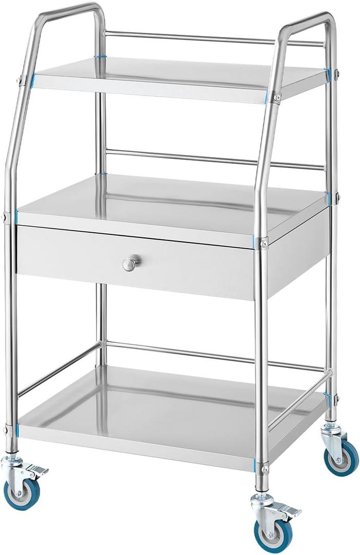 VEVOR Service Cart, 3 Layers Stainless Steel Utility Rolling Cart with Drawer, Lockable Wheels, Ideal for Laboratory, Hospital, Dental Use (22.24"D x 39.17"W x 17.91"H)