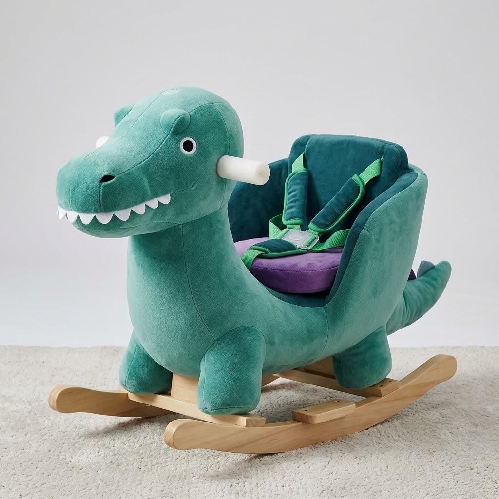 lush Dinosaur Rocking Chair for Toddlers – Soft Plush Rocker Toy with Safety Harness, Padded Seat, and Wooden Handles – Green, 

Recommended Age: 12 to 36 months

Max Weight Capacity: 66 lbs (30 kg)