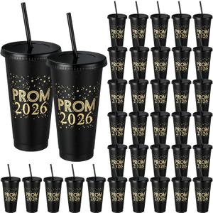 24 Pcs 2026 Graduation Prom Cups Grad Party Favors Gifts 24 Ounce Insulated Plastic Tumbler with Lid and Straw for Graduation Prom Party Supplies(Black)