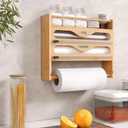Wrap Dispenser with Cutter and Labels,4-in-1 Wall Mounted Bamboo Plastic Wrap Organizer with Spice shelf and Paper Towel Holder for Aluminum Foil,Cling Wrap,Wax,Parchment,Zipper BagsNatural