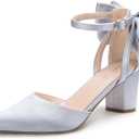 LOOPCHARM Womens Closed Pointed Toe Heels with Bow Low Chunky Block Heel Ankle Strap D'Orsay Pumps Bridal Wedding Dress Shoes, Silver Satin, 11