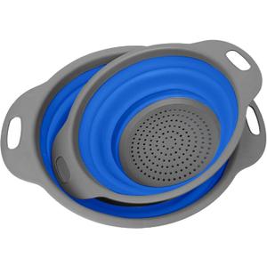 Collapsible Colander, Set of 2 PCS Collapsible Strainer, Space-Saving Kitchen, Food-Grade Silicone Folding Strainer Colander with Handle (Blue)