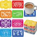 HunnmingRe 24 Pcs Fiesta Coasters for Mexican Table Protection with Papel Picado 4 Inches Absorbent Drinks Coasters for Cinco De Mayo Kitchen Decoration Taco Party Gifts Seder Decoration
