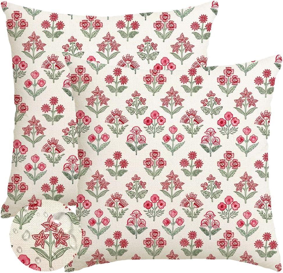 RABUSOFA Red Vintage Floral Summer Pillow Covers Set of 2,Seasonal Flower Oudtdoor Decorative Throw Cuchion Cases Spring Summer Decorations for Home Patio Couch Decor 18x18 Inch