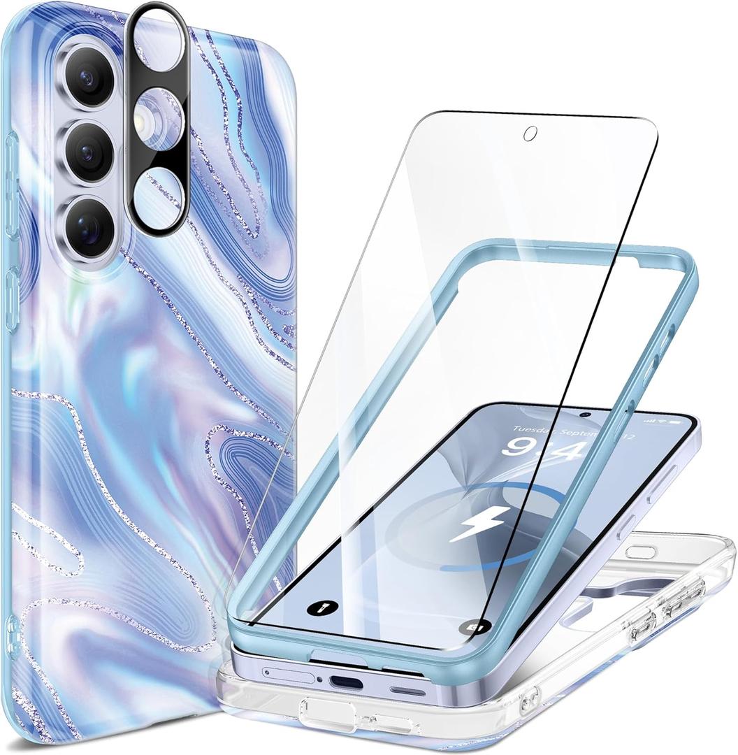 GVIEWIN Magnetic for Samsung Galaxy S25 Plus Case [Compatible with MagSafe] [AI-Tested Dropproof] Marble with Camera Lens+Screen Protector Shockproof Phone Cover for S25+ Plus (Aurora/Azure Blue)