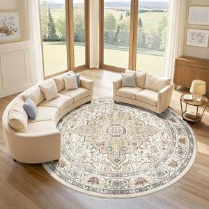 Round Rug Living Room Rugs: 8Ft Washable Boho Neutral Large Circle Soft Indoor Floral Stain Resistant Floor Farmhouse Carpet for Bedroom Nursery Kids Playroom Office Dining Room Dorm Home- Cream Blue