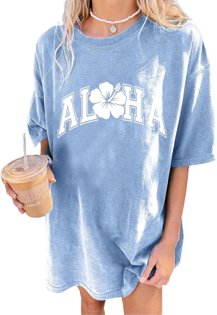Remidoo Women's Casual Oversized T Shirt Short Sleeve Graphic Tee Flower Baggy Shirts Blue Alha Large