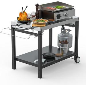 LS'BABQ Outdoor Grill Table Cart, Pizza Oven Stand, BBQ Prep Table with Trash Bag Holder Wheels & Hooks, Double-Shelf Movable Food Prep and Work Stand, Stainless Steel Flattop Grill Cart