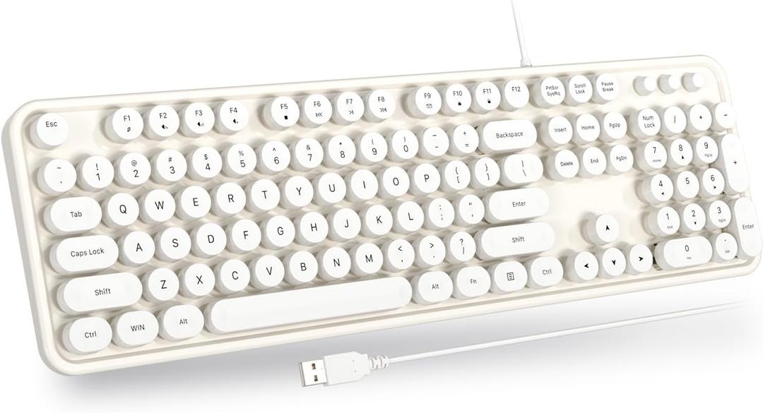 USB Wired Computer Keyboard - Retro Typewriter Keyboard - Full Size Keyboard with Number Pad for PC Laptop Desktop Windows (Creamy White) (white)