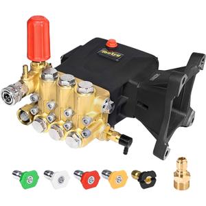 TOOLCY Pressure Washer Pump 3600-4400 PSI Max 4.4 GPM, 1 Inch Shaft Horizontal Triplex Plunger Replacement, Direct Drive with Unloader, 5 Nozzle Tips, M22-14mm Adapter