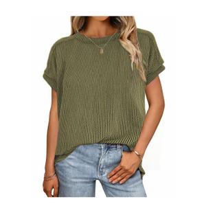 Womens Short Sleeve T-Shirts Textured Knit Round Neck Exposed Stitching T-Shirt Daily Casual Tops Tees Size M