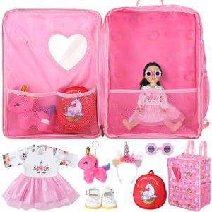 Wettarn 18 Inch Doll Carrier Set with Clothes and Accessories Including Doll Travel Bag, Dress, Shoes, Sunglasses, Backpack and Unicorn for Unicorn Birthday Gift (Cute,Red) (As Pictures Show)