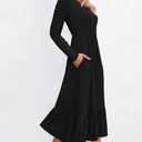 STYLEWORD Women's 2025 Fall Wedding Guest Dresses Long Sleeve Crew Neck Tiered Flowy A Line Casual Midi Dress Pockets (Black, XL)