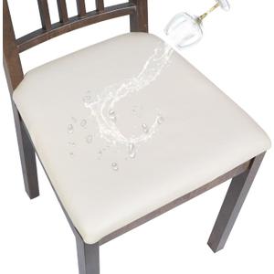 SearchI Waterproof PU Leather Seat Covers for Dining Chairs, 4 Pack Stretch Dining Room Chair Seat Covers, Kitchen Chair Seat Covers Protectors (Cream)