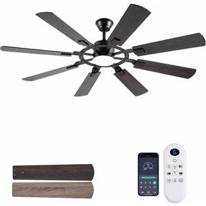 62 Inch Ceiling Fans with Lights, Large Low Profile Flush Mount Ceiling Fan with Remote Control, 8 Blades Double Sided, Reversible DC Motor, Silent Timing, Brown Indoor Outdoor Ceiling Fan