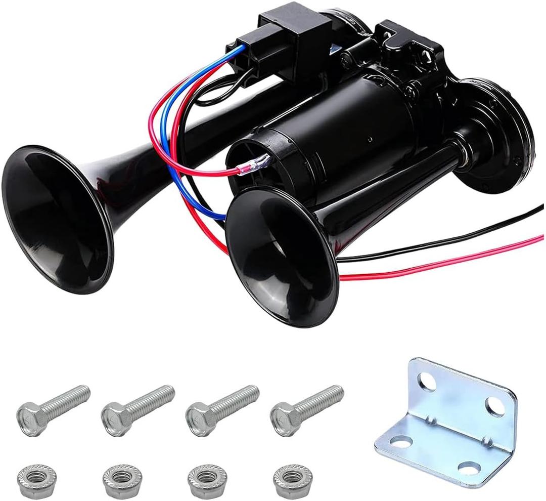12V Car Air Horn, 600db Super Loud Dual Trumpet Air Horn Kit, Dual Electric Air Horns Kit with Compressor for Vehicle, Truck, Motorcycle, Universal Car Accessories (Black)