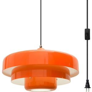 Plug in Pendant Light Fixtures Mid Century Hanging Light with Plug in Cord 3-Layer Metal Shade On/Off Switch Hanging Lamp Orange Plug in Ceiling Light for Living Room Dining Bedroom Kitchen, 13.8 x 8.2 inches