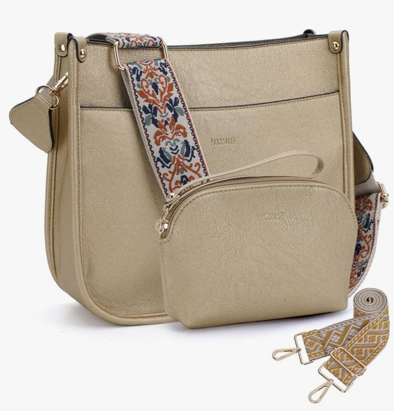 HKCLUF Crossbody Bag Purse for Women 2PCS/Set Leather Hobo Handbag Wallet Set With 2Adjustable Guitar Strap Shoulder Bag, Beige 