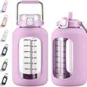 MUKOKO 100oz Glass Water Bottle with Time Marker and Silicone Sleeve 3L Large Water Jug with Stainless Steel Handle Gallon Drinking Bottle with 2-in-1 Lid Wide Mouth BPA Free, Purple