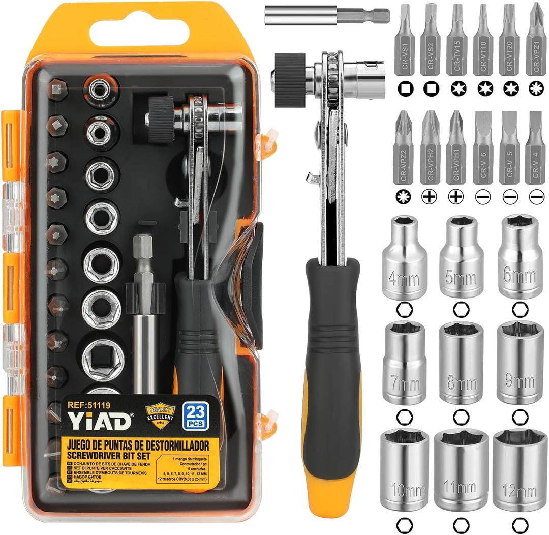 24 in 1 Magnetic Ratchet Screwdriver Set,Magnetic Screwdriver CR-V Steel Multi Bit Metric Sockets 1/4 Extension Bar,Quick-Switch Ratchet Portable Compact Repair Tool Kit for Home,DIY,Bike,Furniture
