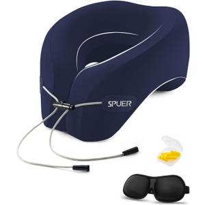 Travel Pillows for Airplanes, Neck Pillow Airplane, Airplane Travel Accessories with Eye Mask, Earplugs & Storage Bag, Ergonomic Memory Foam Neck Pillow for Sleeping, Flights, Cars, Office (Navy Blue)