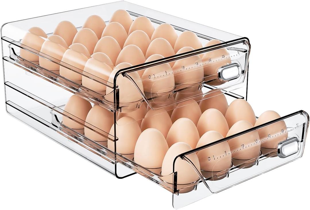 Clear 40 Egg Holder for Fridge, High Capacity Storage With Time Scale, Stackable Container and Dispenser for Refrigerator With Drawers (2 Layer, 9.8"x 8.5"x 5.5")